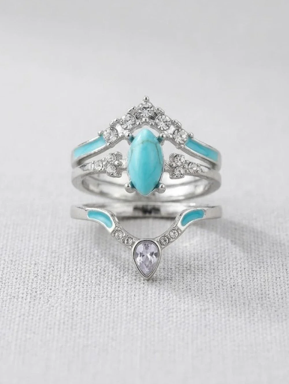 Western Style Faux Turquoise and Rhinestone Ring Set Silver Tone Costum